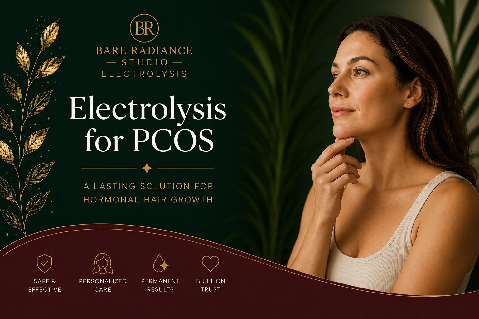 Real client progress photo showing significant reduction in PCOS-related facial hair from consistent electrolysis treatment at Bare Radiance Studio